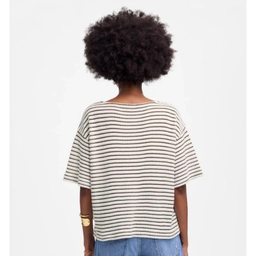 Madewell Textured Stripe Short Sleeve Sweater Top Women White Brown Size Large - Picture 2 of 12